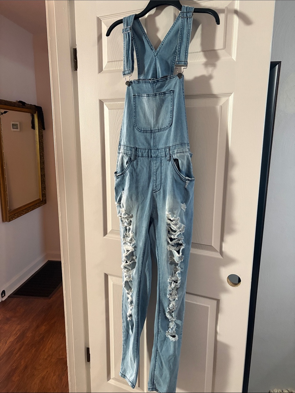 Love Moda Light Blue Distressed Denim Overalls